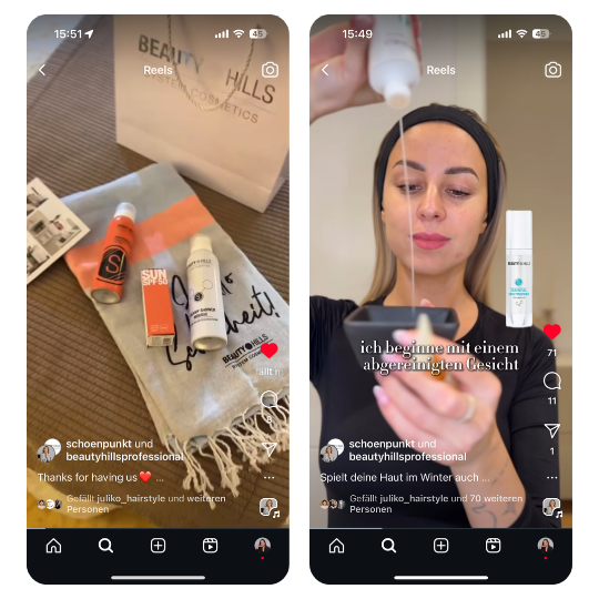 Beauty Hills Instagram Instagram-Reel-Ansicht von Studio Schoenpunkt und Beauty Hills am Smartphone
