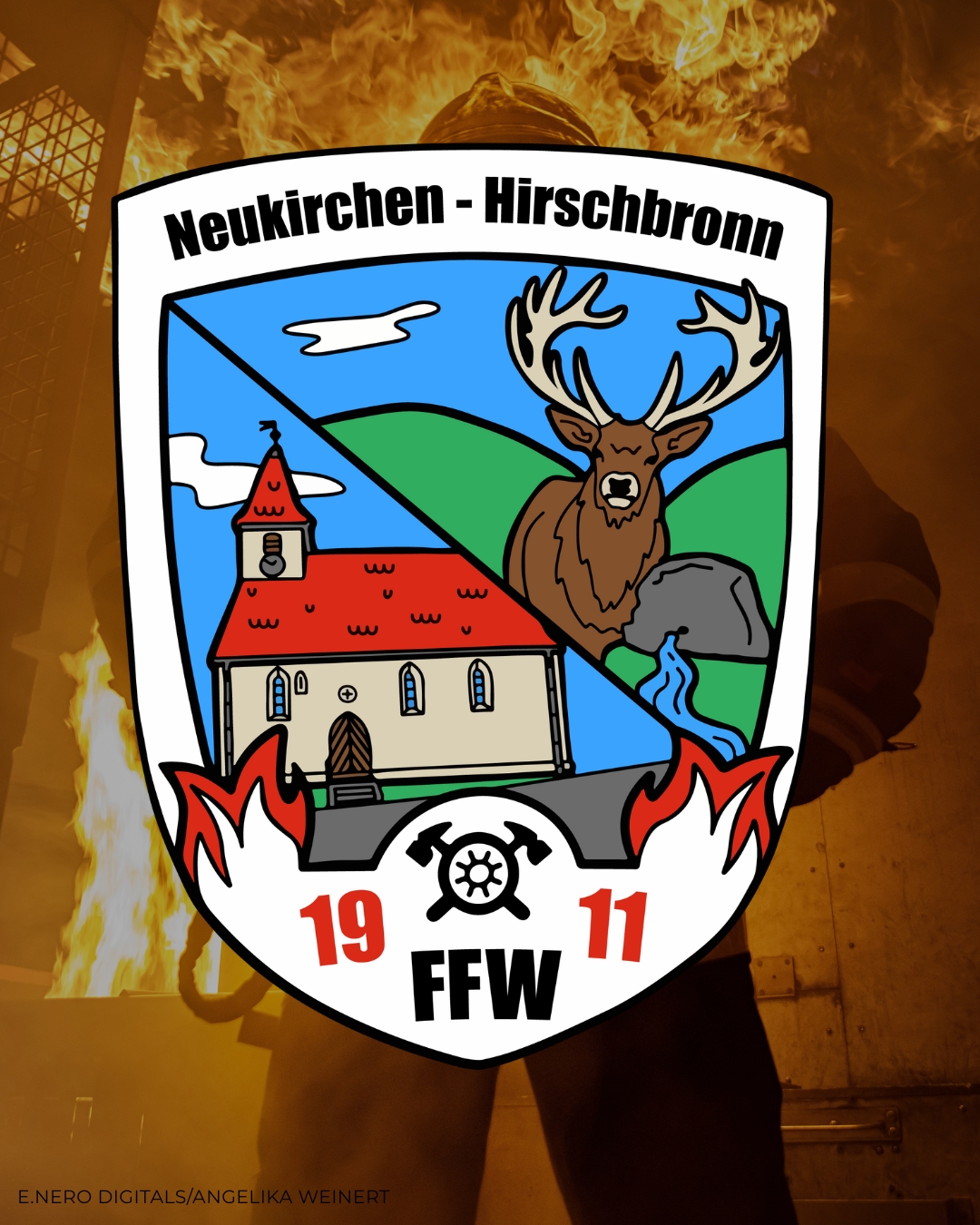 Wappen FFW Abbildung des Wappen der FFW Neukirschen-Hirschbronn mit den Dorfsymbolen
