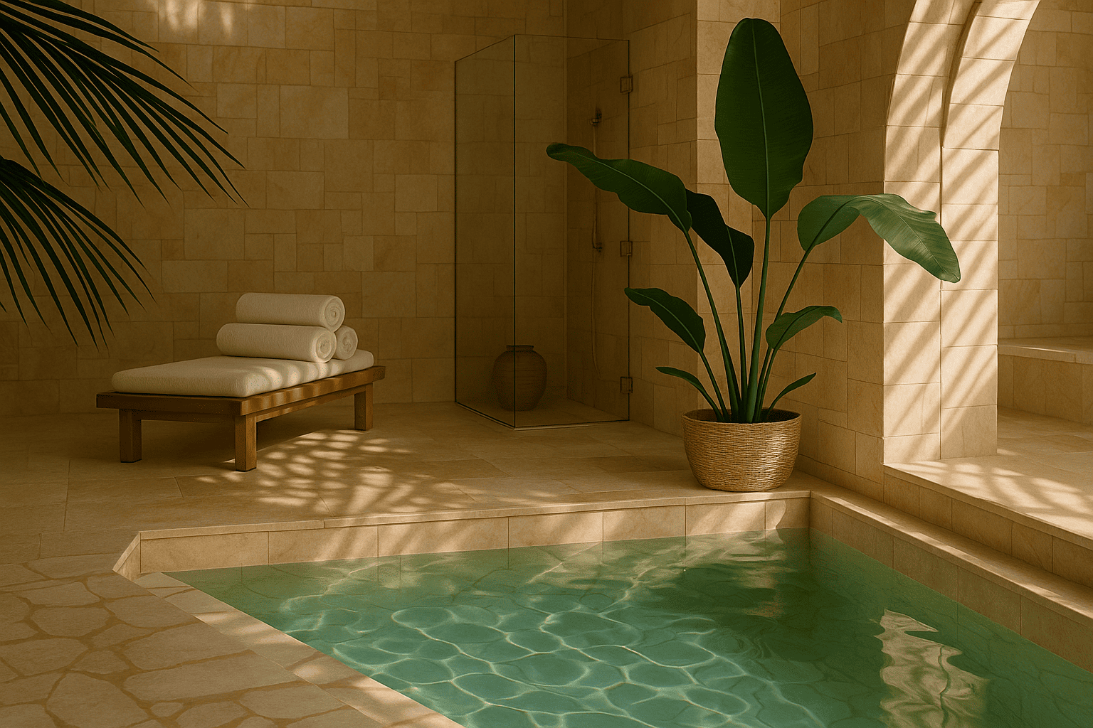 Innenraum eines SPAs mit Pool, Liege und einer Pflanze