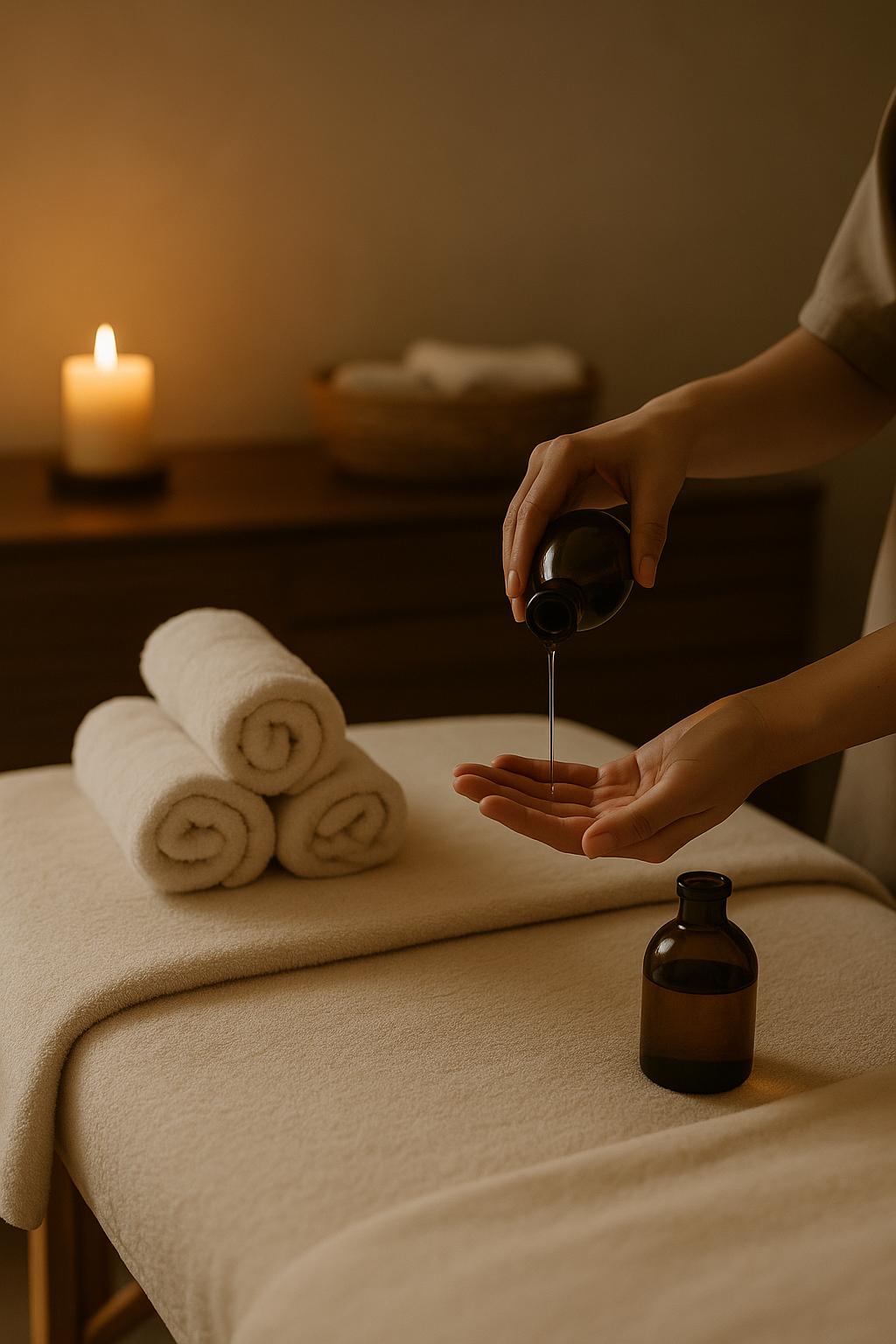 Gemütliche Massage-Liege mit Handtüchern und es sind Frauenhände zu sehen, die Massageöl verwenden