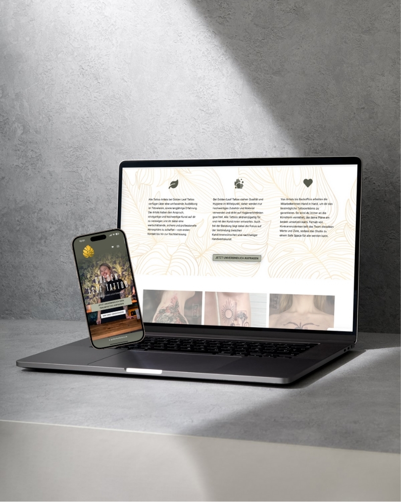 Tattoo Website Design Website von Golden Leaf Tattoo Studio angezeigt auf Smartphone und Laptop