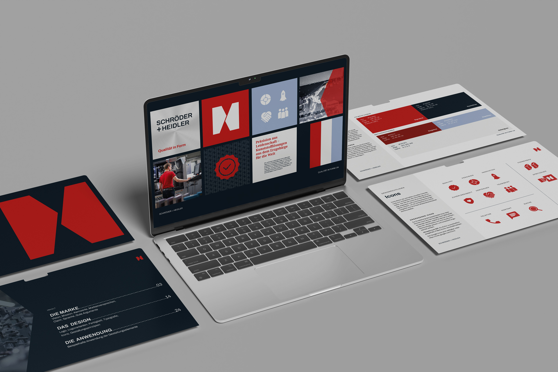 Ein Markenhandbuch für ein umgesetzes Corporate Design in einer Laptop-Ansicht.